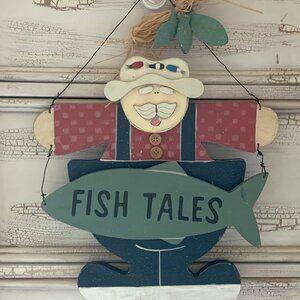 Vintage Fisherman Fish Tales Wall Hanging Hand Painted Wood Coastal Lake Decor